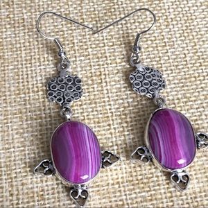 New Banded Pink Botswana Agate Stone Hook Silver Overlay Dangle Earrings